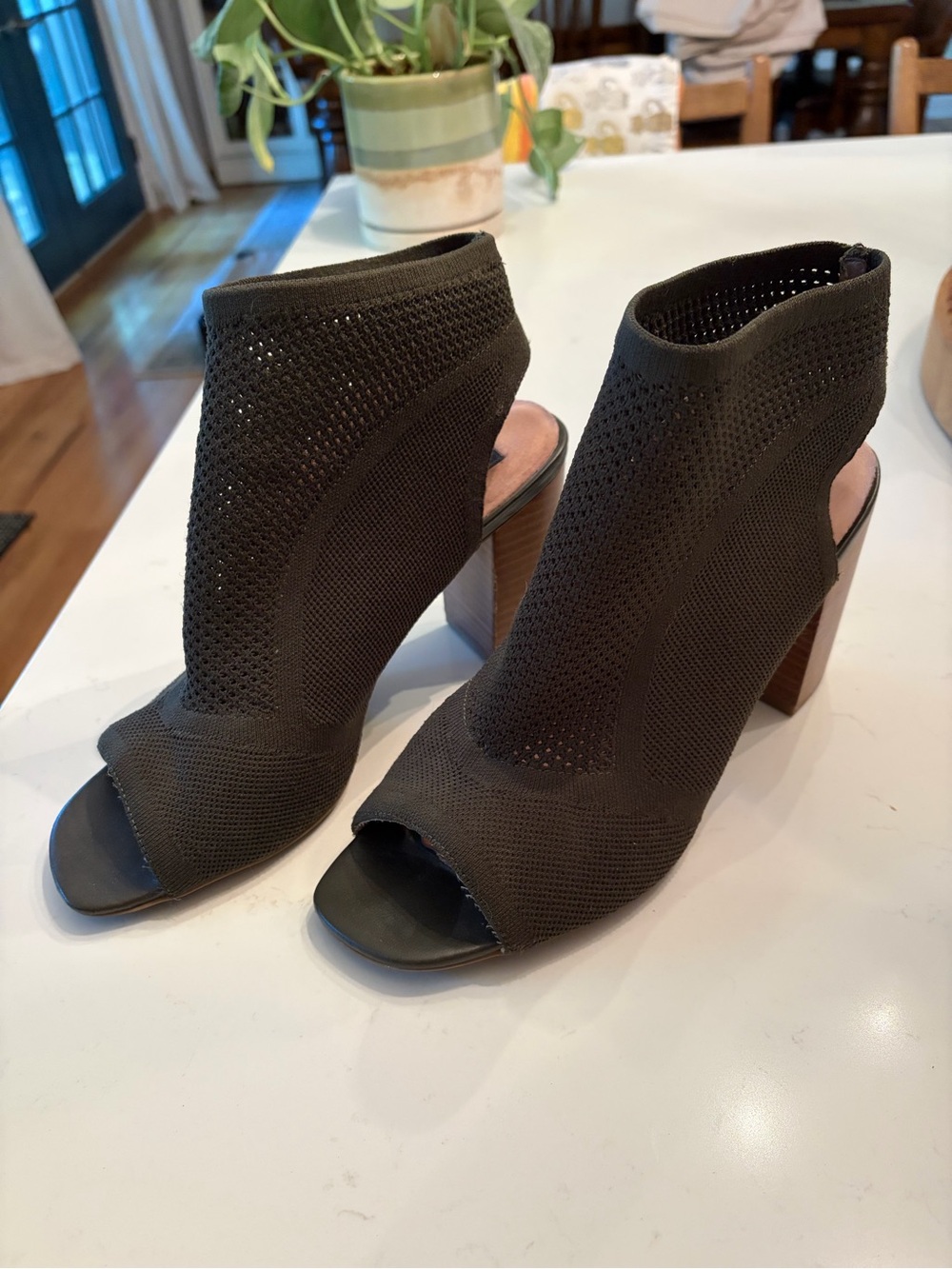 Women’s Olive Knit Peep-Toe Block Heel Booties